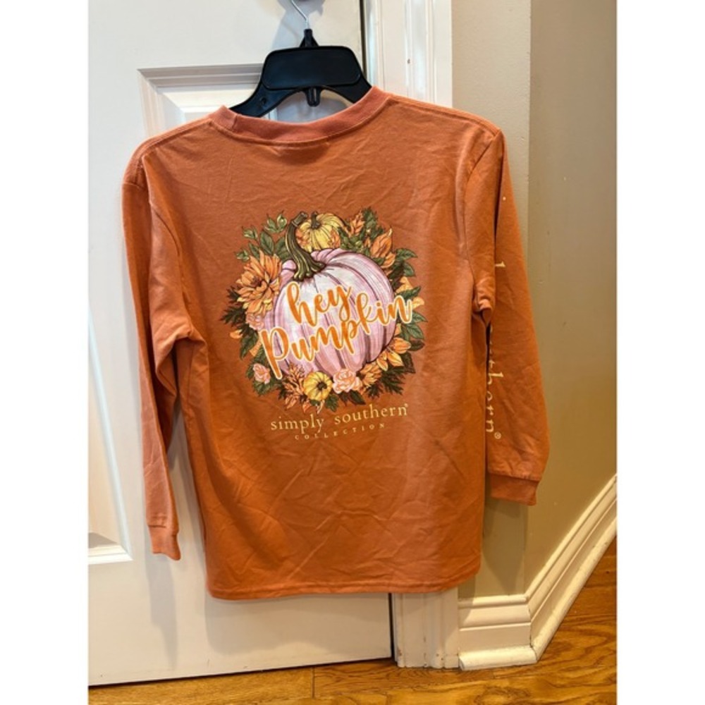 New Simply Southern Kids Youth Long Sleeve Hey Pumpkin Graphic T Shirt Orange YM